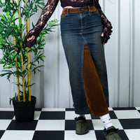 Insane 90s Y2k Dark Denim Brown Suede Denim Maxi Skirt By ARMOR JEANS