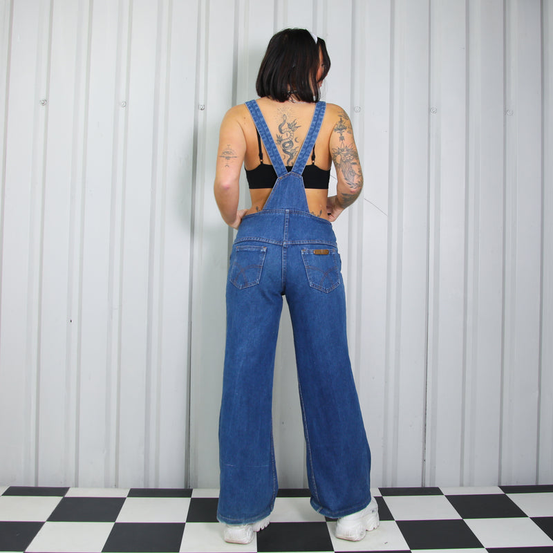 Vintage 70s Style Denim Flared Dungarees With Giraffe Badge