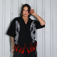 Sickkk American Vintage Flame & Dragon Graphic Oversized Button Up Biker Shirt