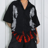 Sickkk American Vintage Flame & Dragon Graphic Oversized Button Up Biker Shirt