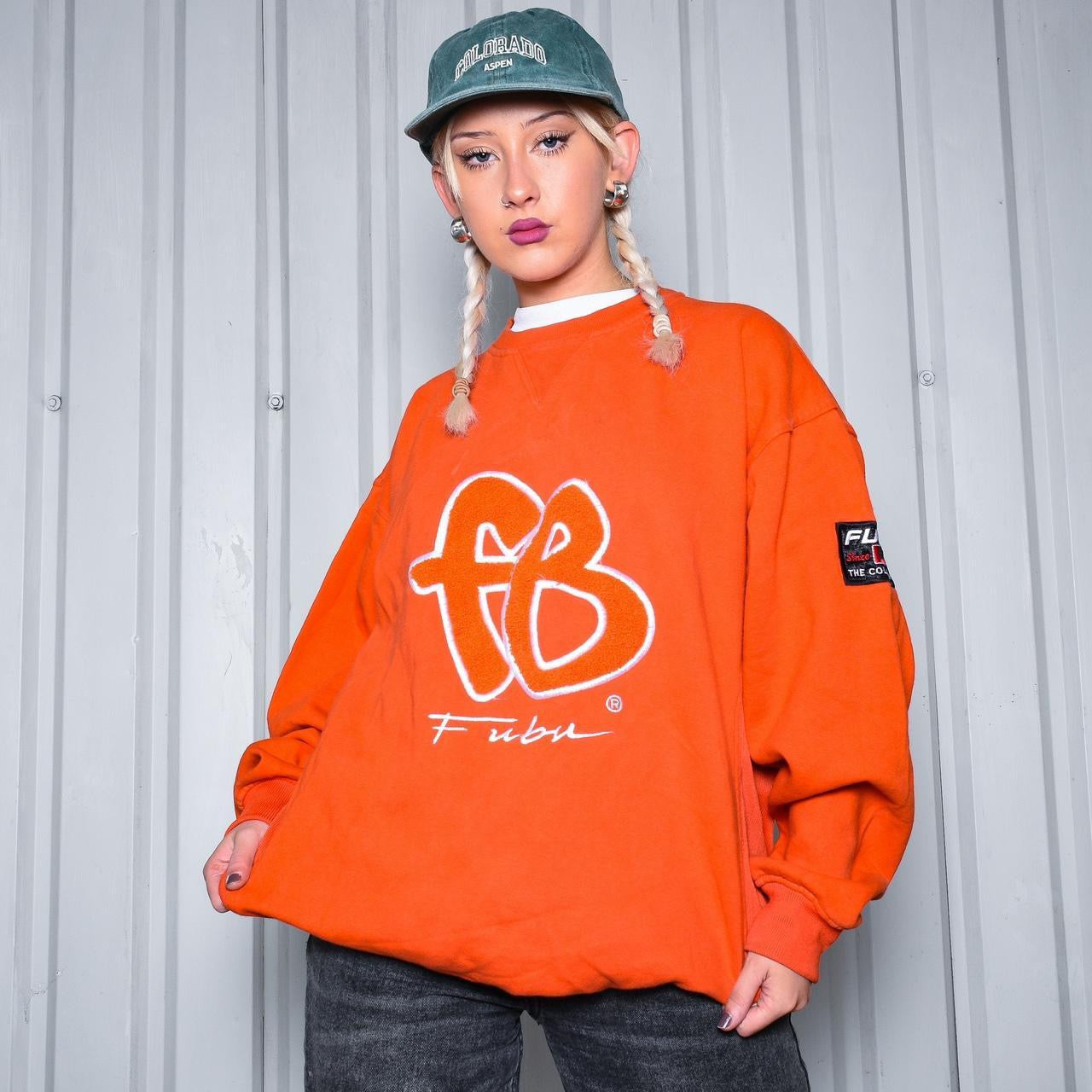 90s FUBU Tufted Embroidered Orange Graphic Sweatshirt – Flamingos