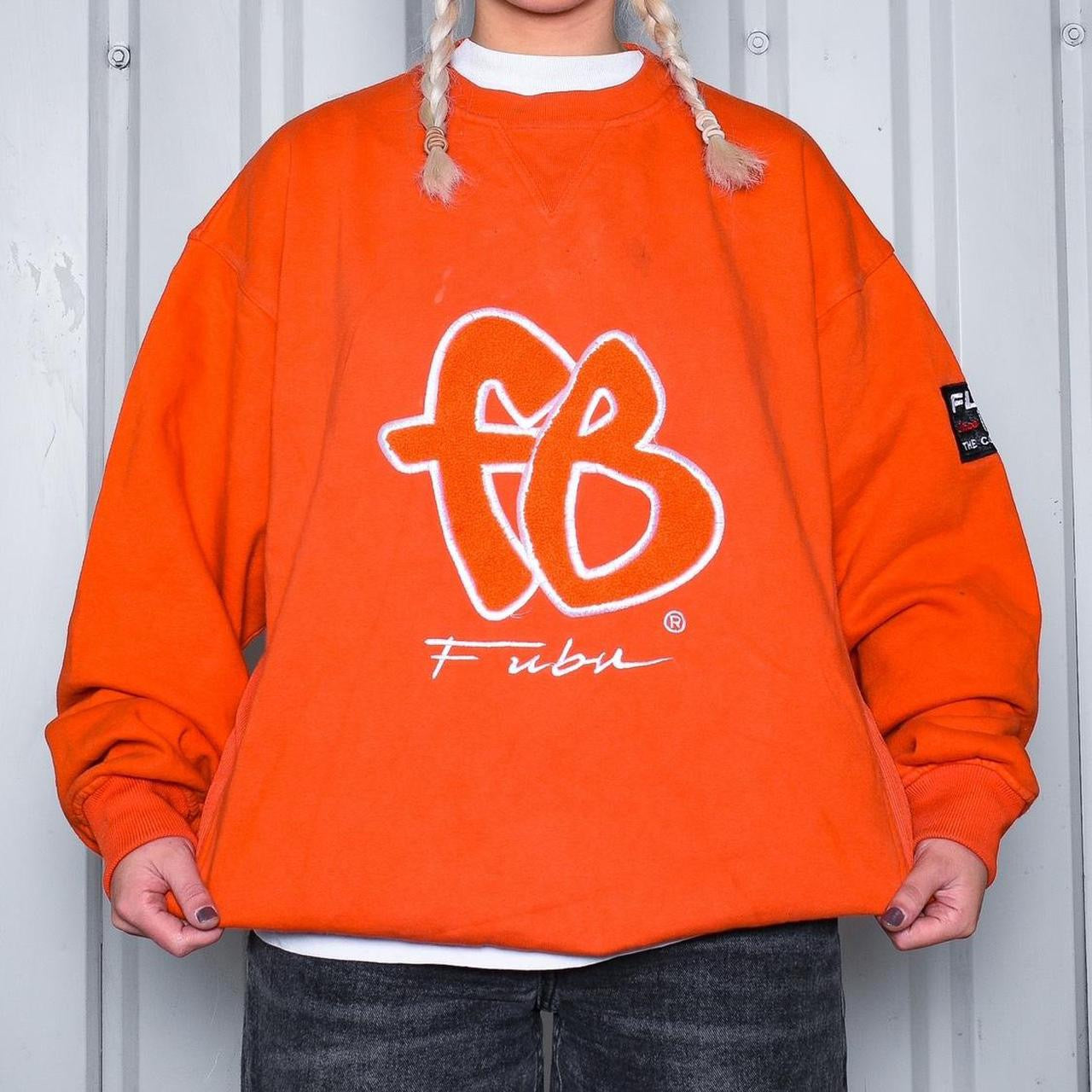 90s FUBU Tufted Embroidered Orange Graphic Sweatshirt – Flamingos