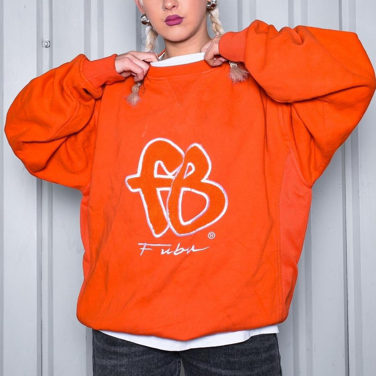 90s FUBU Tufted Embroidered Orange Graphic Sweatshirt – Flamingos