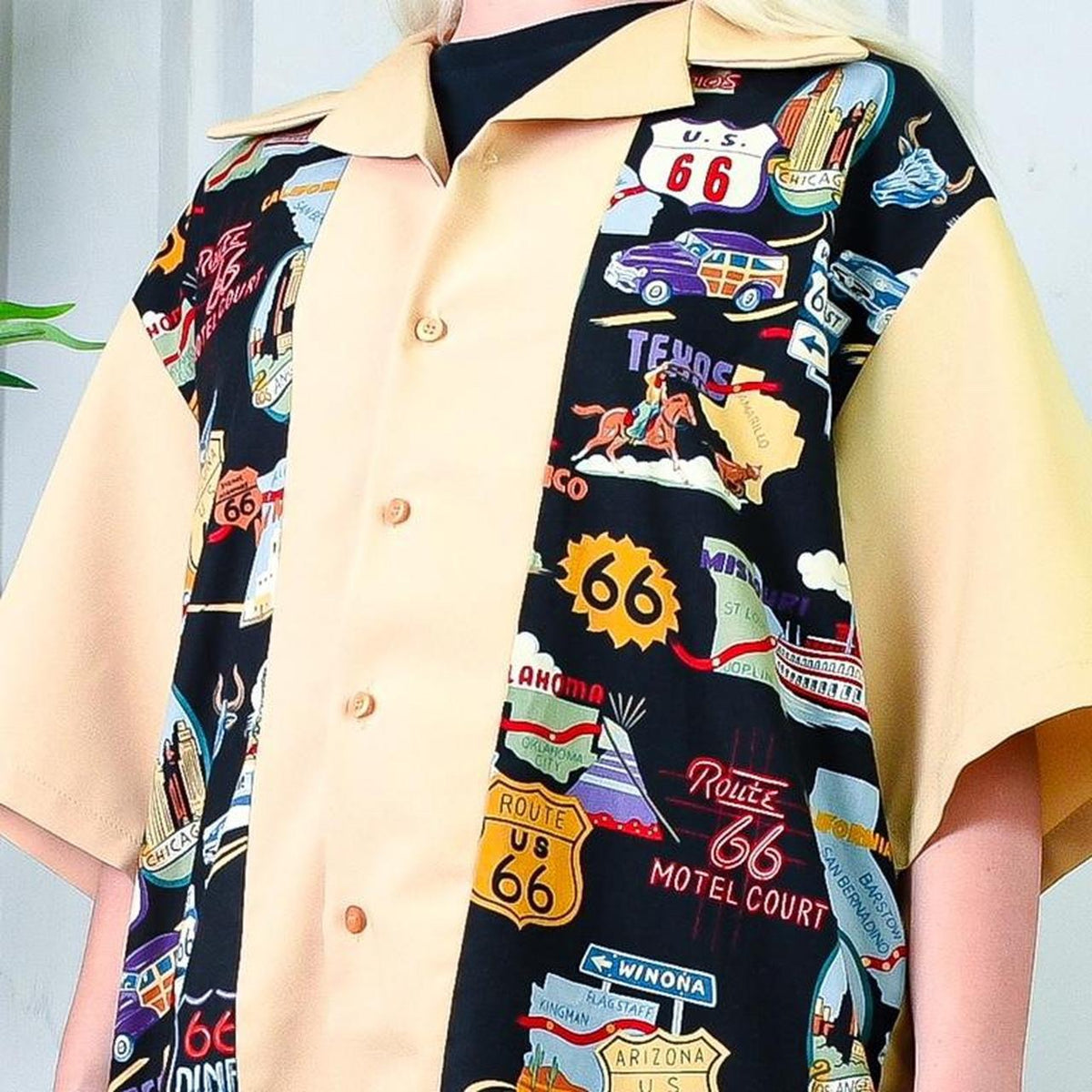 Insane 60s American Motel Themed print Bowling Shirt With Embroidered Back Graphic