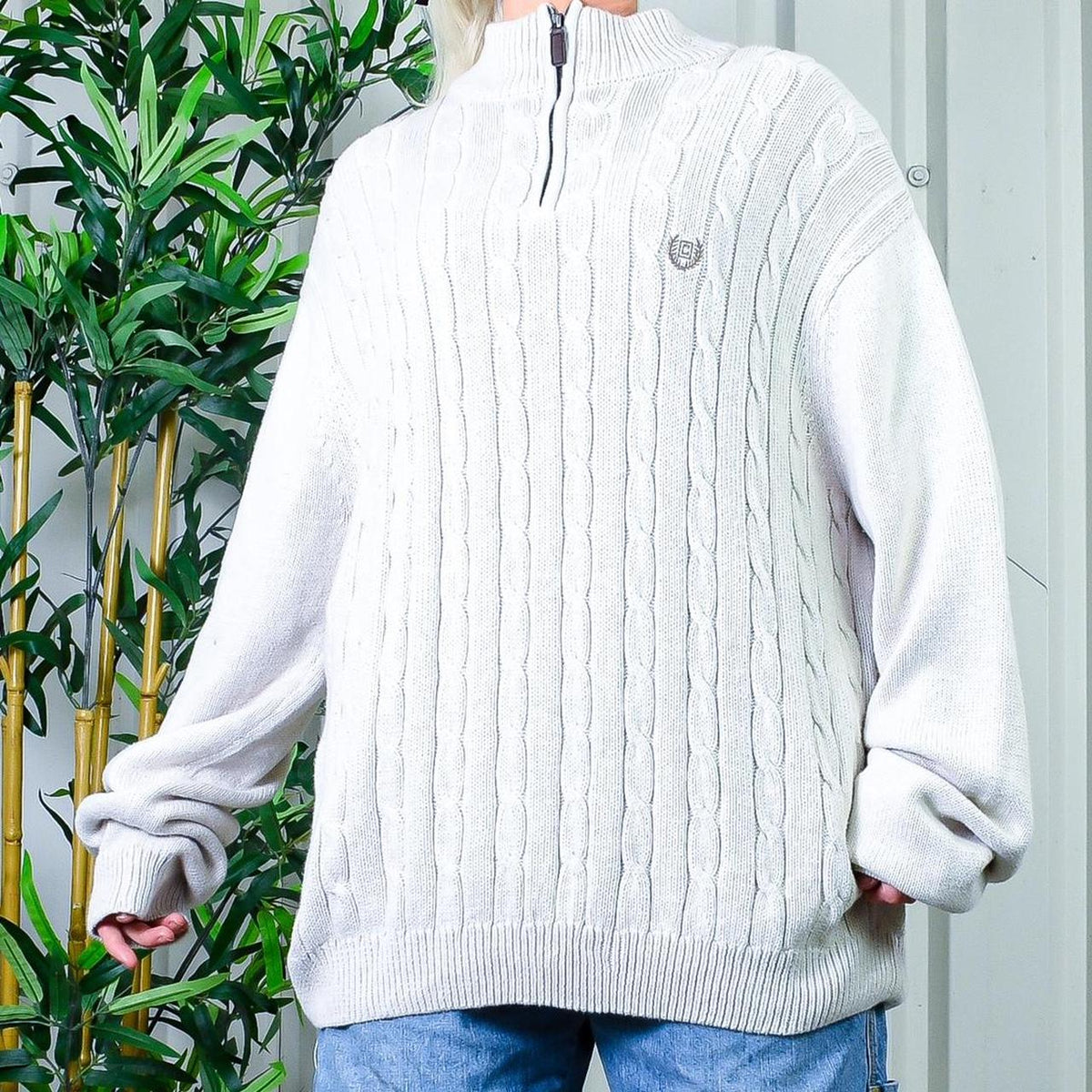 SICKEST 90s Chaps Cream / White Embroidered Logo 1/4 Zip Up Sweater