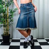 Insane 90s Y2k Raw Hem Effect Denim Midi Maxi Skirt By O’ZANG JEANS