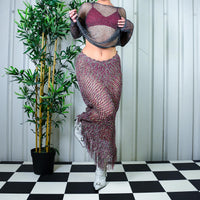 INSANE 90s Y2K 00s Beaded Fishnet Long Sleeve Metallic Going Out Top With Thumb Holes