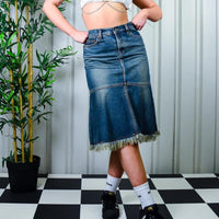 Insane 90s Y2k Raw Hem Effect Denim Midi Maxi Skirt By O’ZANG JEANS