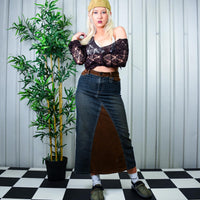 Insane 90s Y2k Dark Denim Brown Suede Denim Maxi Skirt By ARMOR JEANS