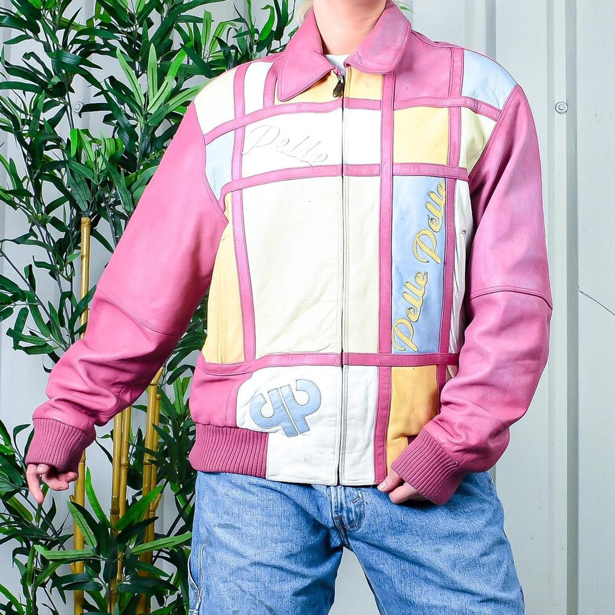 Insane PELLEPELLE Pink Leather Checkered Spell Out Graphic Bomber Jacket