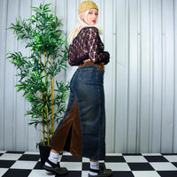 Insane 90s Y2k Dark Denim Brown Suede Denim Maxi Skirt By ARMOR JEANS